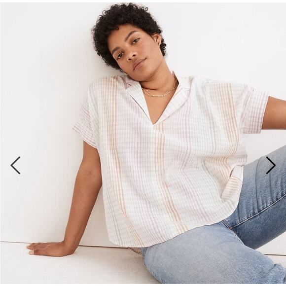 Madewell Lakeline Top Plaid Popover V Neck Shirt Cotton Pastel White Size Medium - Picture 10 of 10